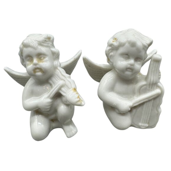 Vintage Ceramic Cherub Angel Figurines Set Of 2 White Musician Angels READ - Picture 1 of 14